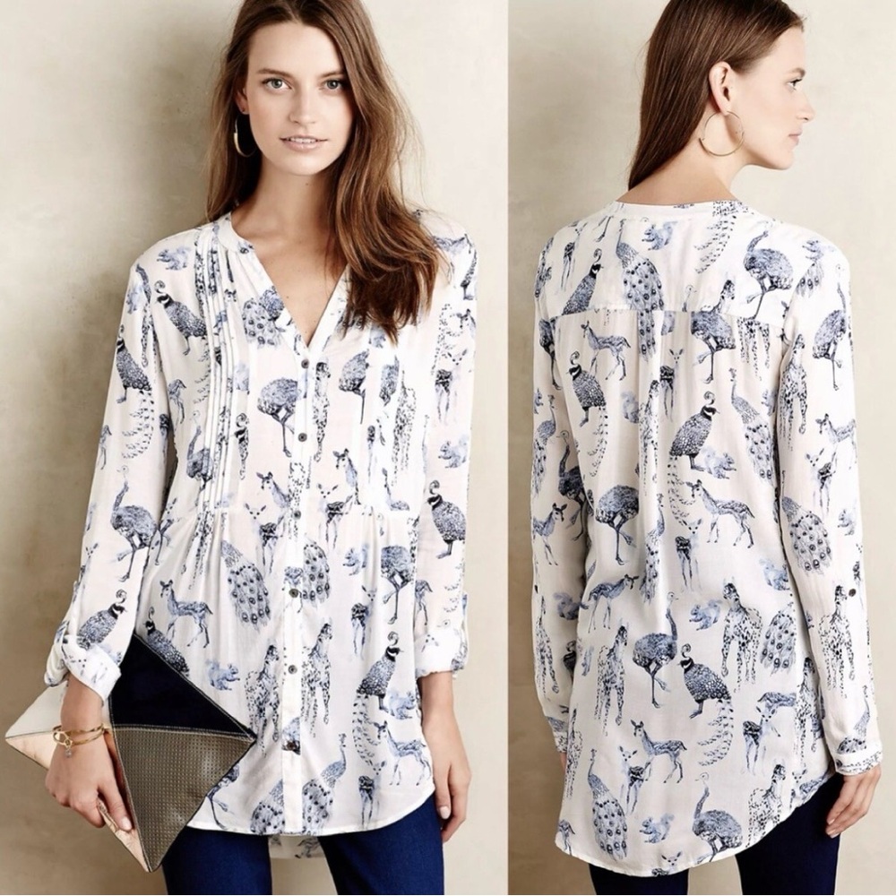 Anthropologie White and Blue Printed Blouse